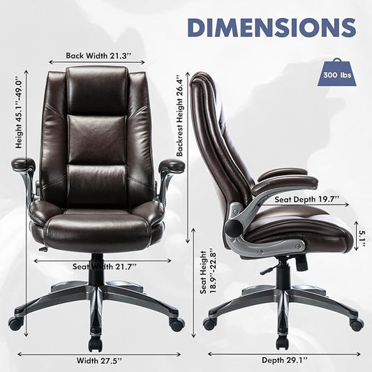 COLAMY Leather Executive Office Chair - High Back Ergonomic Home Computer Desk Chair with Padded Flip-up Arms, Adjustable Tilt Lock, Swivel Rolling Chair for Adult Working Study, Brown