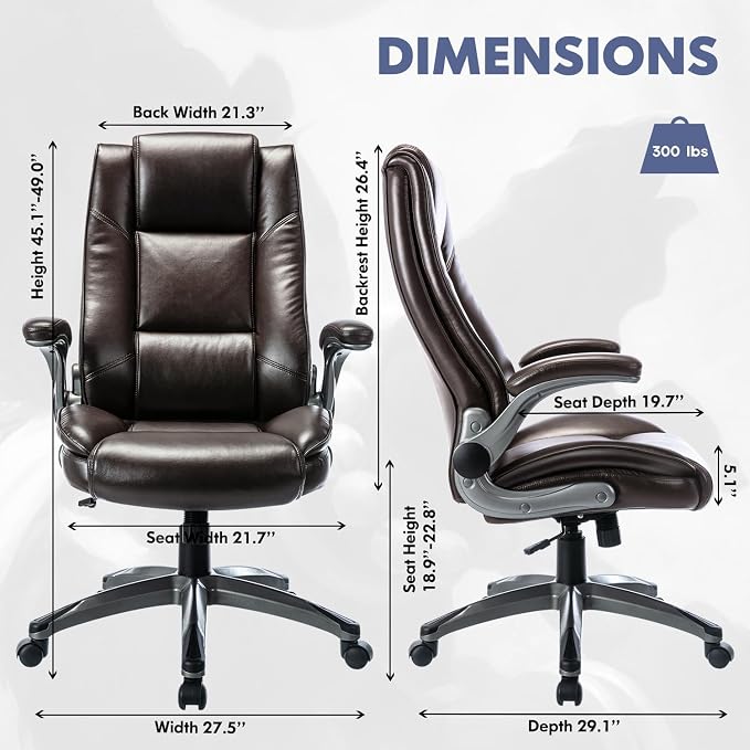 COLAMY Leather Executive Office Chair Set of 2 - High Back Ergonomic Home Computer Desk Chair with Padded Flip-up Arms, Adjustable Tilt Lock, Swivel Rolling Chair for Adult Working Study, Brown