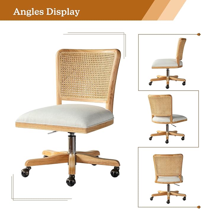Modern Home Office Chair Comfortable Upholstered Armless Desk Chair, Adjustable Swivel Rolling Computer Chair with Rattan Mid-Back Support, Linen