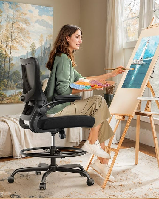 Marsail Drafting Chair, Tall Office Chair with 2D Lumbar Support, Standing Desk Chair with Padded Flip-Up Armrests & Adjustable Footrest Ring, Black,Pack of 3