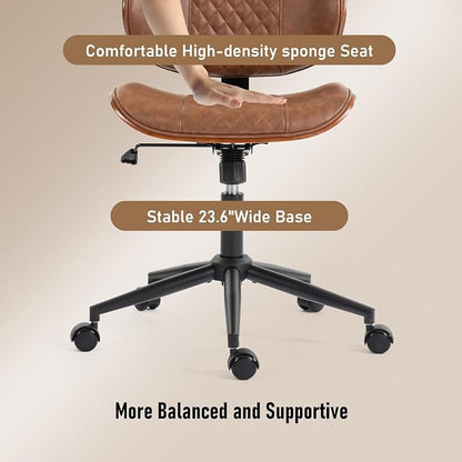 DYHOME Modern Walnut Home Office Chair with Wheels, Executive Office Desk Chair No Arms, Adjustable Height Small Desk Chair, Comfy PU, Deeper Cushion, Mid Back 360 Swivel Computer Chair, Brown