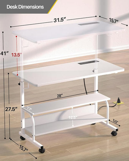 Armocity Rolling Standing Desk with Charging Station, Portable Height Adjustable Mobile Computer Desk with Wheels & 2-Tier Shelves & Hooks, Easy Assembly Laptop Table for Couch Bed, 32" White