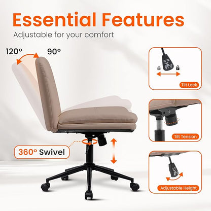 Orange Factory Criss Cross Chair with Wheels Comfy Wide Vanity Desk Chair Dual Base Leather Armless Adjustable Swivel for Home Computer Task (Brown Pu, Faux Leather)
