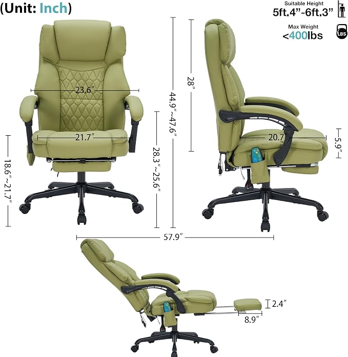 Massage Office Chair with Foot Rest 6 Points Vibration and Heat Home Office Desk Chairs for Heavy People 400lbs Reclining Managerial Chairs Ergonomic Executive Chair (Green)