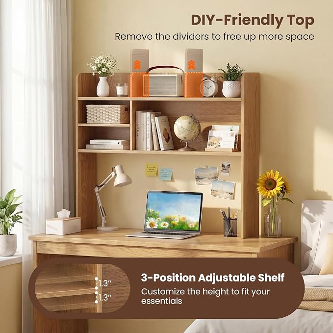 LDAILY 3-Tier Desktop Bookshelf, Wooden Desk Hutch for Computer Monitor Up to 32 Inch, Desk Organizer Shelf with Adjustable Shelf & 6 Storage Shelves, Desk Display Rack for Home Office Dorm (Natural)