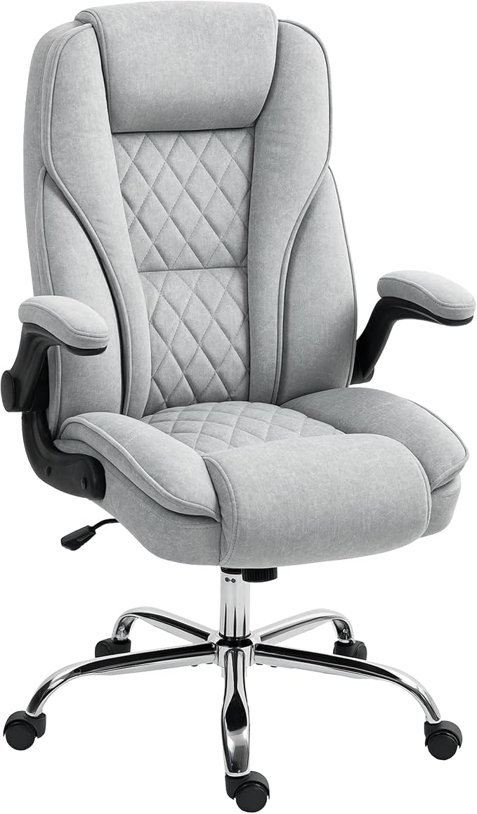 HOMCOM High Back Office Chair, Executive Desk Chair with Swivel Wheels, Flip-up Armrest, Adjustable Height, Modern Diamond Fabric Computer Chair for Home Office, Gray