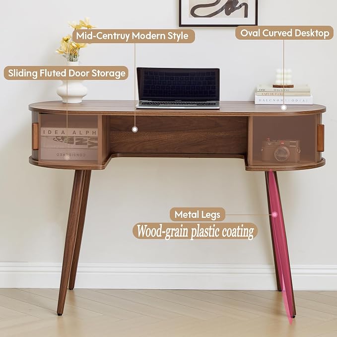 43" Wood Writing Desk with Sliding Door Hide Storage, MCM Home Ofiice Fluted Desk with Unique Design - Make You Leg Free, Small Table with Metal Leg for Study, Vanity, Light-Work (Walnut)