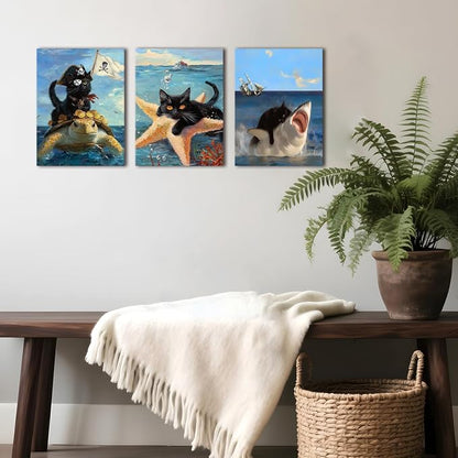 Framed Black Cat Wall Art Funny Cat Shark Turtle Starfish Canvas Wall Decor Ocean Abstract Black Cat Posters Pictures Print for Bedroom Living Room Bathroom 12x16 In