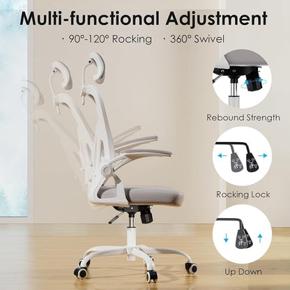 Farini Ergonomic Office Chair, Home Office Desk Chair with Headrest, High Back Swivel Computer Chair with Armrests and Adjustable Lumbar Support for Home Office Study Room, White & Grey