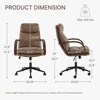 KISLOT Home Office Desk Chair, Ergonomic Office Chair with Lumbar Support, Adjustable Swivel Computer Chair with Wheels, Faux Leather Executive Task Chair with Wood Arms, Set of 2, Brown