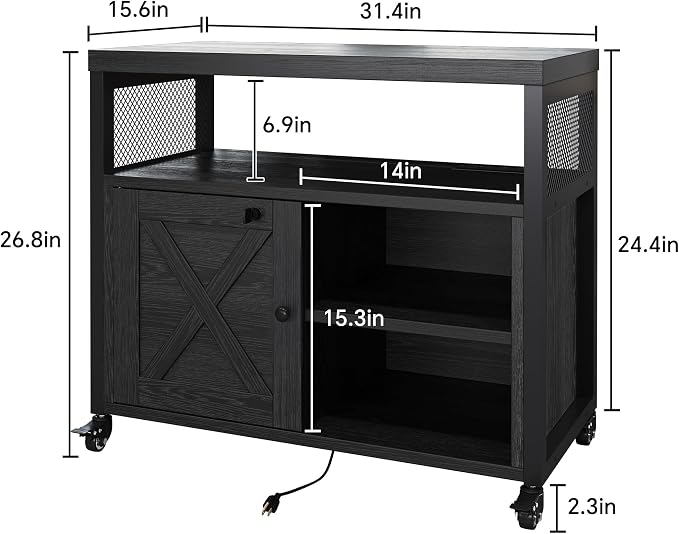FUSUNBAO Farmhouse Printer Stand with Storage, Rolling Printer Cabinet with Shelves, Charge Station, Wheels, and File Cabinet for Home Office Storage (Black)