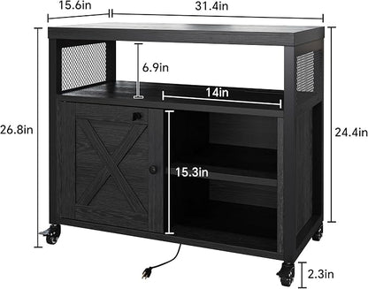FUSUNBAO Farmhouse Printer Stand with Storage, Rolling Printer Cabinet with Shelves, Charge Station, Wheels, and File Cabinet for Home Office Storage (Black)