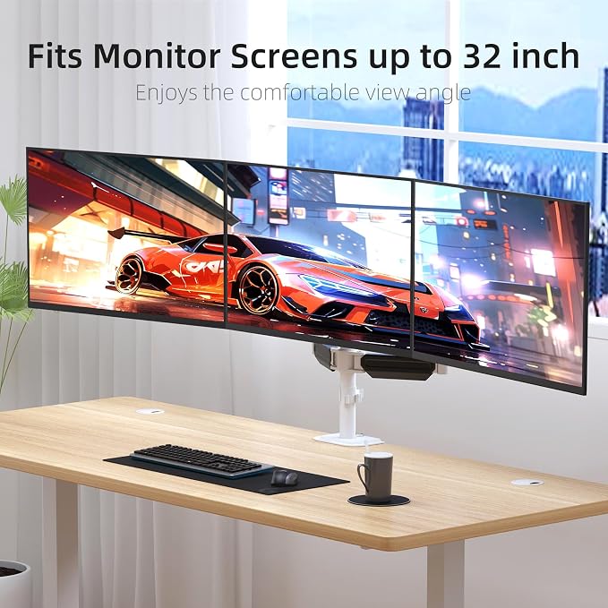 suptek Triple Monitor Mount for Most 17 to 32 inch Screens,Gas Springs Adjustment Triple Monitor Desk Mount Stand with Clamp & Grommet Kit,White(MDX003W)