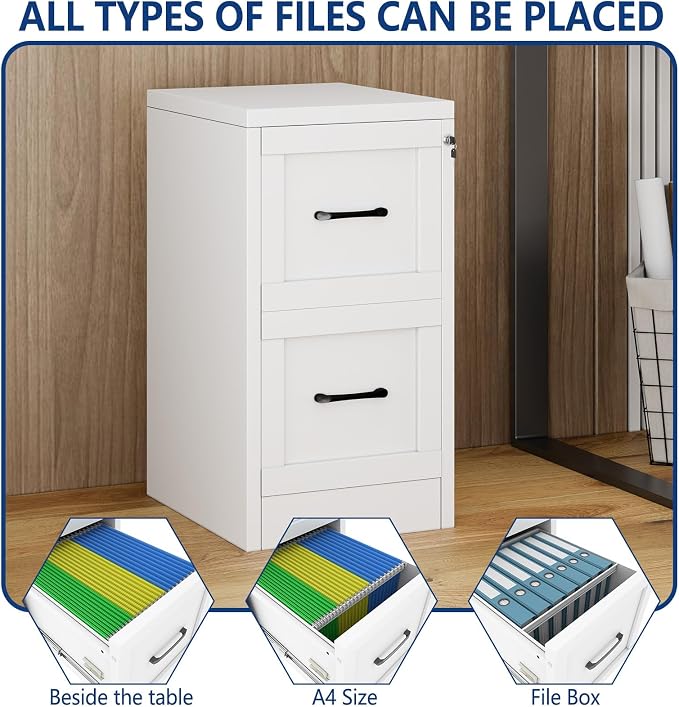 Ckzbx 2 Drawer File Cabinet with Lock, Narrow Vertical Filing Cabinet, Under Desk File Cabinets,White Metal File Cabinets for Home Office,Fit Letter/A4/Legal Size File