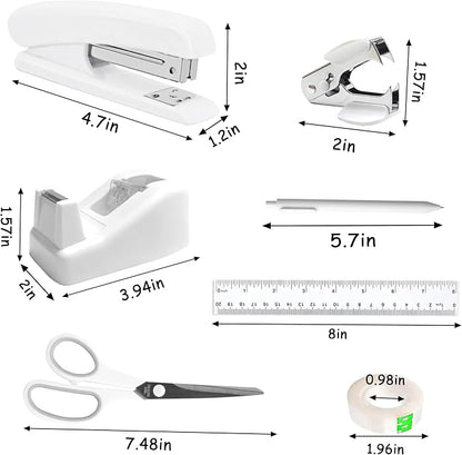 Dimonluce Office Desk Accessories, White Office Supplies Accessories with Tape Dispenser, Stapler, Staple Remover, 1000 Staples, Tape, Clips Set, Ruler, Scissor, Pen