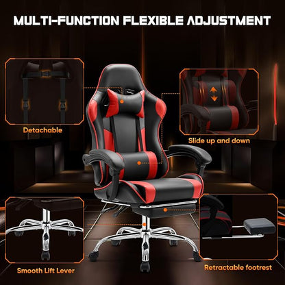 NEWBULIG Computer Gaming Desk Chair - High Back Ergonomic Lumbar Support with Footrest and Headrest, Comfy PU Leather Recliner with Linkage Armrest, Height Adjustable and 360° Swivel, Red