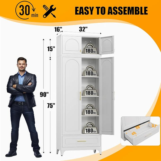 Metal Storage Cabinet with Drawer, 90" Tall Kitchen Pantry Storage Cabinets with Doors and Adjustable Shelves, White Pantry Closet, Steel Large Cupboard, High Leveling Feet- Assembly Required