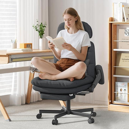 GXJ Criss Cross Legged Office Chair with Flip-up Arms, Footrest, G800 Plus | 6.3" Cushion Relieves Tailbone Pain, Head-Lumbar Support Eases Fatigue, Smooth Rolling Wheels, Corduroy Desk Seating, Black