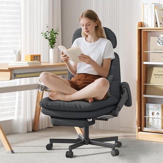 GXJ Criss Cross Legged Office Chair with Flip-up Arms, Footrest, G800 Plus | 6.3" Cushion Relieves Tailbone Pain, Head-Lumbar Support Eases Fatigue, Smooth Rolling Wheels, Corduroy Desk Seating, Black