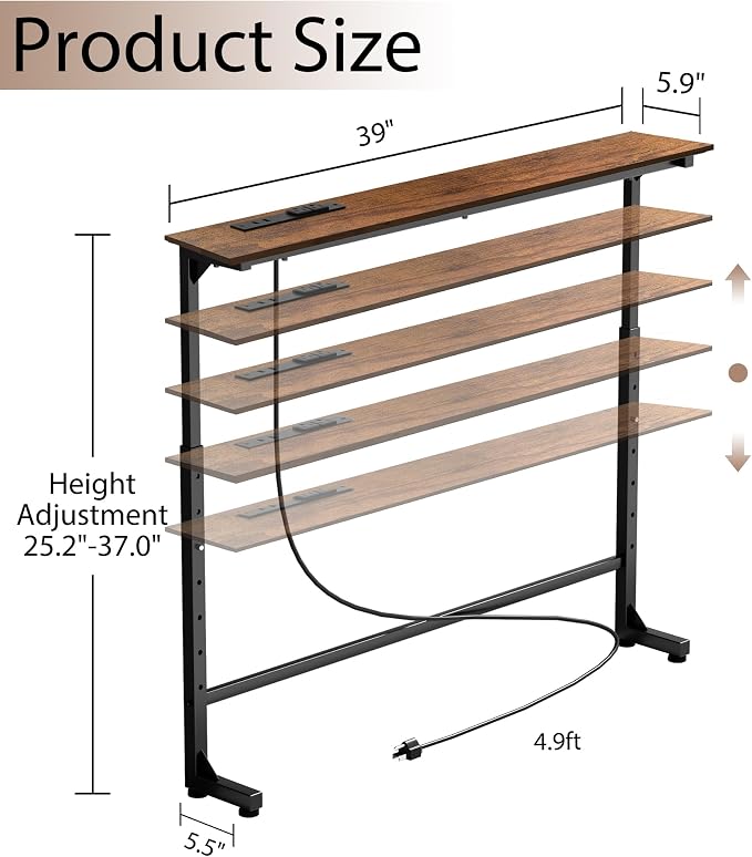 Keelian 39 inch Narrow Console Table with Outlet,Adjustable Height(25"-37") Behind Sofa Table,Couch Behind Table Skinny,Couch Shelf with Charging Station,Long Entryway Tables for Living Room,Brown