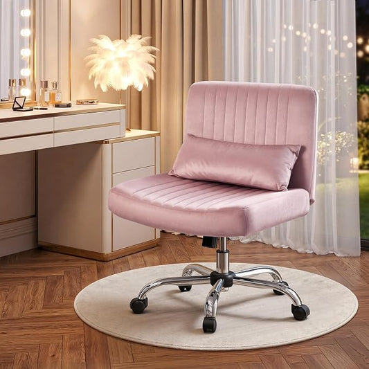 Velvet Criss Cross Chair with Wheels, Luxury Cross Legged Office Chair, Comfy Desk Chair for Home Office, Wide Seat Computer Chair, Armless Vanity Chair, Birthday Gift for Girls & Women, Blush Pink