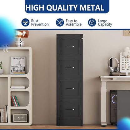 Ckzbx 4 Drawer File Cabinet with Lock, Narrow Vertical Filing Cabinet, Under Desk File Cabinets,Black Metal File Cabinets for Home Office,Fit Letter/A4/Legal Size File