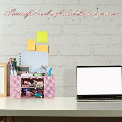 MotiMind Pink Bling Desk Organizer with 2 Drawer, Sparkly Makeup Organizer for Vanity, Girly Desk Accessories, Rhinestone Pen Holder, Elevate Your Workspace with Pink Serenity (Pearl)
