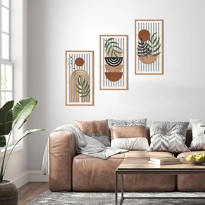 IARTTOP Boho Mid-century Modern Wood Wall Art 8x16 Inch Framed Bohemian Abstract Wooden Wall Decor Set of 3 Minimalist Orange Leaf Wall hanging for Living Room Bedroom Office