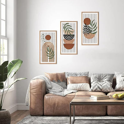 IARTTOP Boho Mid-century Modern Wood Wall Art 8x16 Inch Framed Bohemian Abstract Wooden Wall Decor Set of 3 Minimalist Orange Leaf Wall hanging for Living Room Bedroom Office