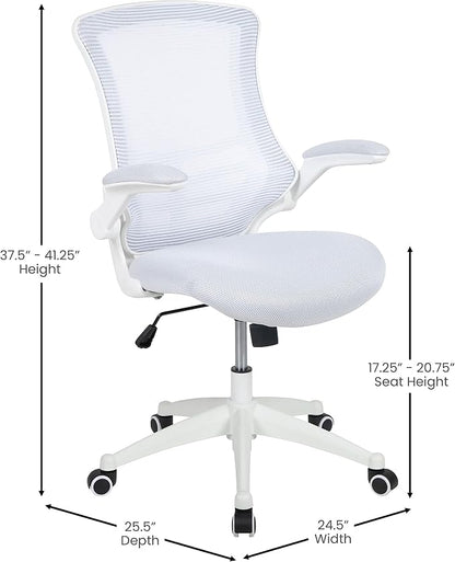 Flash Furniture Kelista Mid-Back Swivel Office Chair with Adjustable Lumbar Support and Seat Height, Ergonomic Mesh Desk Chair with Flip-Up Armrests, White