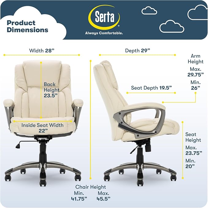 Serta Garret Executive Office Chair, Ergonomic Mid-Back with Lumbar Support, Semi-Plush Cushion and Body Pillows, Padded Armrests, Swivel Base, Bonded Leather, Ivory White