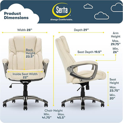 Serta Garret Executive Office Chair, Ergonomic Mid-Back with Lumbar Support, Semi-Plush Cushion and Body Pillows, Padded Armrests, Swivel Base, Bonded Leather, Ivory White