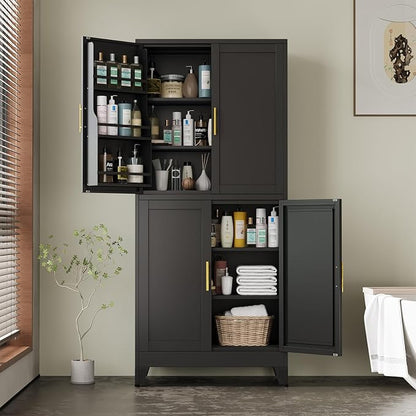 Black Pantry Storage Cabinet, 75" Kitchen Pantry with Doors and 3 Adjustable Shelves, Metal Freestanding Buffet Cupboards Sideboard, for Office, Home, Garage, School