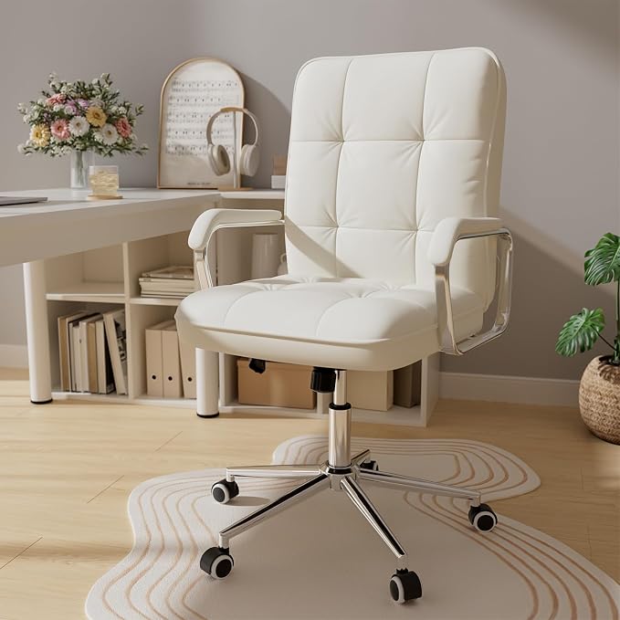 HomeZeer White Office Chair, Mid Back Leather Desk Chair with Wheels and Padded Arms, Swivel Vanity Chair for Bedroom, Computer Chair for Study and Work