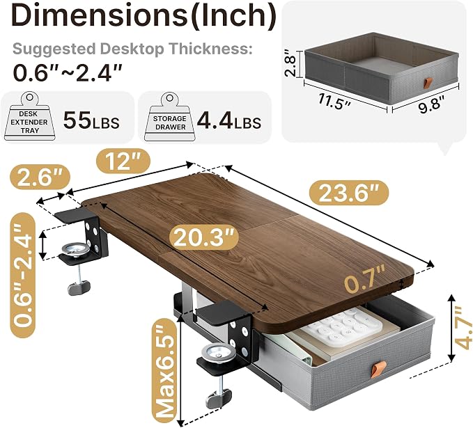 PEGZONE Desk Extender Tray, 24" x 12", with Storage Drawer, Medium, Walnut | Desk Extension, Clamp on Desk Shelf, Clamp On Keyboard Tray for Office and Home, Workstation Organizer