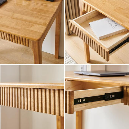 Solid Wood Desk with Drawers, Light Wood Desk for Small Spaces, Small Writing Desk for Bedroom, Gaming Study Home Office Wooden Desks for Work, 39 inch Wood Computer Desk