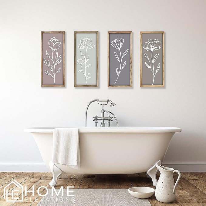3D Floral Bathroom Wall Decor, Set of 4 Wooden Framed Home Decor | Boho Botanical Wall Hanging Art, Modern Farmhouse Style, Bedroom, Living Room, Kitchen, Office Accent, Housewarming Gift