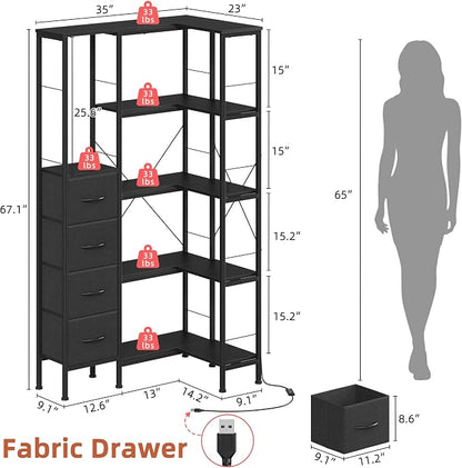 AFLUI Corner Bookshelf with LED Light Strips & 4 Fabric Drawers, 5-Tier Convertible Corner Shelf with Display Shelf, Large Wood Industrial Bookcase for Living Room, Bedroom, Home Office, Black