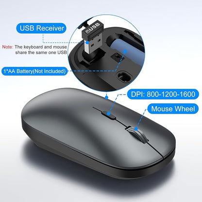 Wireless Keyboard and Mouse Combo, Full Size Keyboard and Mouse, Long Battery Life, Optical Mouse, 2.4G Lag-Free Cordless Mice Keyboard Set Ultra Slim Design for Computer, Laptop, PC, Mac (Gray Black)