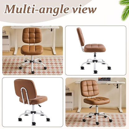 VINGLI Compact Small Desk Chair, Cute Armless Chair with Wheels, Vanity Chair with Low Back, Height Adjustable Task Chair for Small Spaces, Office, Bedroom, Make Up Room, PU Leather, Brown