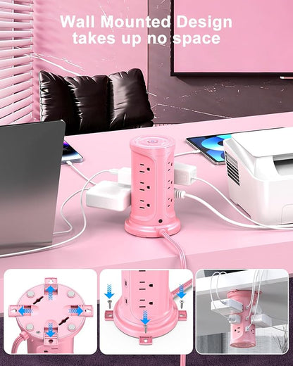 Tower Power Strip Surge Protector with 12 Outlets 3 USB Ports(2 Type C), 6.5 FT Ultra Flat Extension Cord with Multiple Outlets, Flat Plug Outlet Extender with Screw Wall Mount for Home Office Dorm