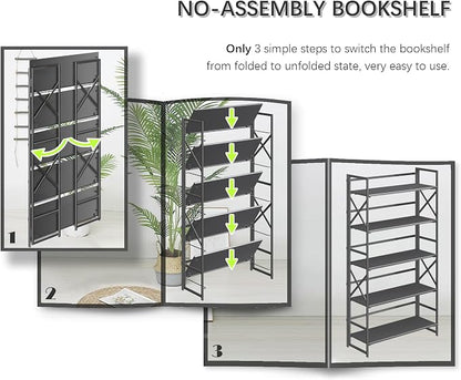 4NM Extra Wide 5 Tiers No Assembly Book Shelves, 51.2" H Folding Bookshelf Bookcase Open Industrial Foldable Shelves for Bedroom, Living Room, Home Office - All Black