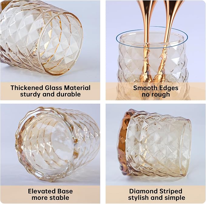 DASITON Glass Makeup Brush Holder Organizer, Diamond Pattern Cosmetic Storage Cup, Makeup Organizer for Vanity, Bathroom Countertop Toothbrush Holder, Desk Pen Pencil Holder (Amber)