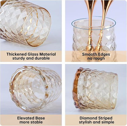 DASITON Glass Makeup Brush Holder Organizer, Diamond Pattern Cosmetic Storage Cup, Makeup Organizer for Vanity, Bathroom Countertop Toothbrush Holder, Desk Pen Pencil Holder (Amber)