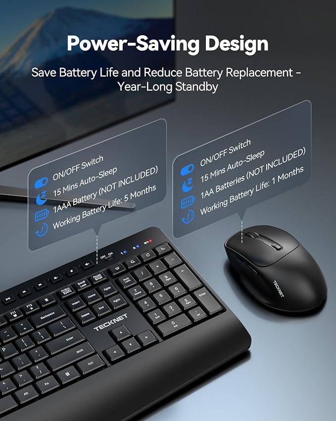 TECKNET Wireless Keyboard and Mouse Combo, Full Size Ergonomic Keyboard and Mouse with Wrist Rest & Phone Tablet Holder, Sleep Mode, 2.4G Lag-Free Cordless Silent Computer Mouse for Laptop PC Windows