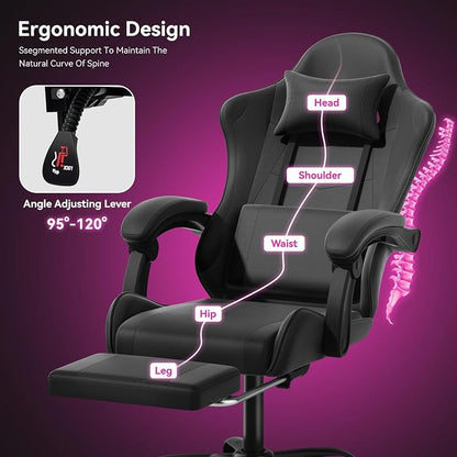 Gaming Chair with Footrest, Ergonomic Computer Gaming Desk Chair with Lumbar Support & Headrest, Adjustable High Back PU Leather Office Chair, Swivel Racing Style Gamer Chair, Black