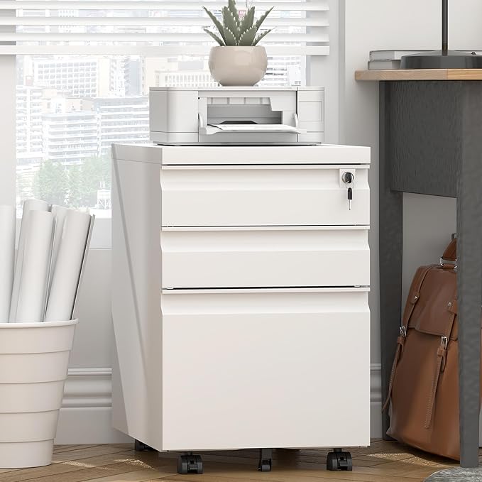 3 Drawer File Cabinet, Metal Printer Stand with Roling Caster, Under Desk Storage for Home Office, File Cabinet with Lock, No Assembly Required, White
