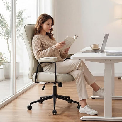 Furniliving Leather Office Chair, Comfy Home Office Desk Chair, Mid Century Modern Office Chair with Lumbar Support, Mid-Back Adjustable Swivel Computer Chair with Wheels and Arms, Light Grey