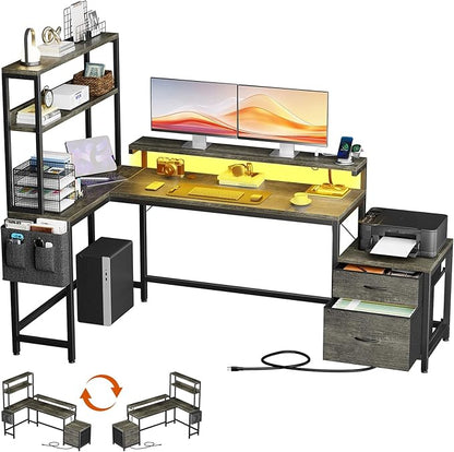 REAHOME 70 Inch L Shaped Desk with File Drawers and Reversible Storage Shelves, Computer Desk with Power Outlet & LED Strip, Home Office Desks, Bookshelf Desk, Writing Study Desk for Bedroom, Grey Oak