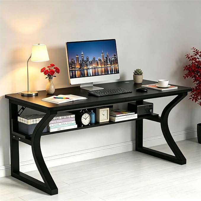 Computer Desk, 55Inch Computer Desk w/Storage Shelves, Home Office Desks w/U Shaped Metal Frame, Study Writing Desk w/Cable Management, Deeper & Thicker Desktop Table for Home Office (47inch-BK)